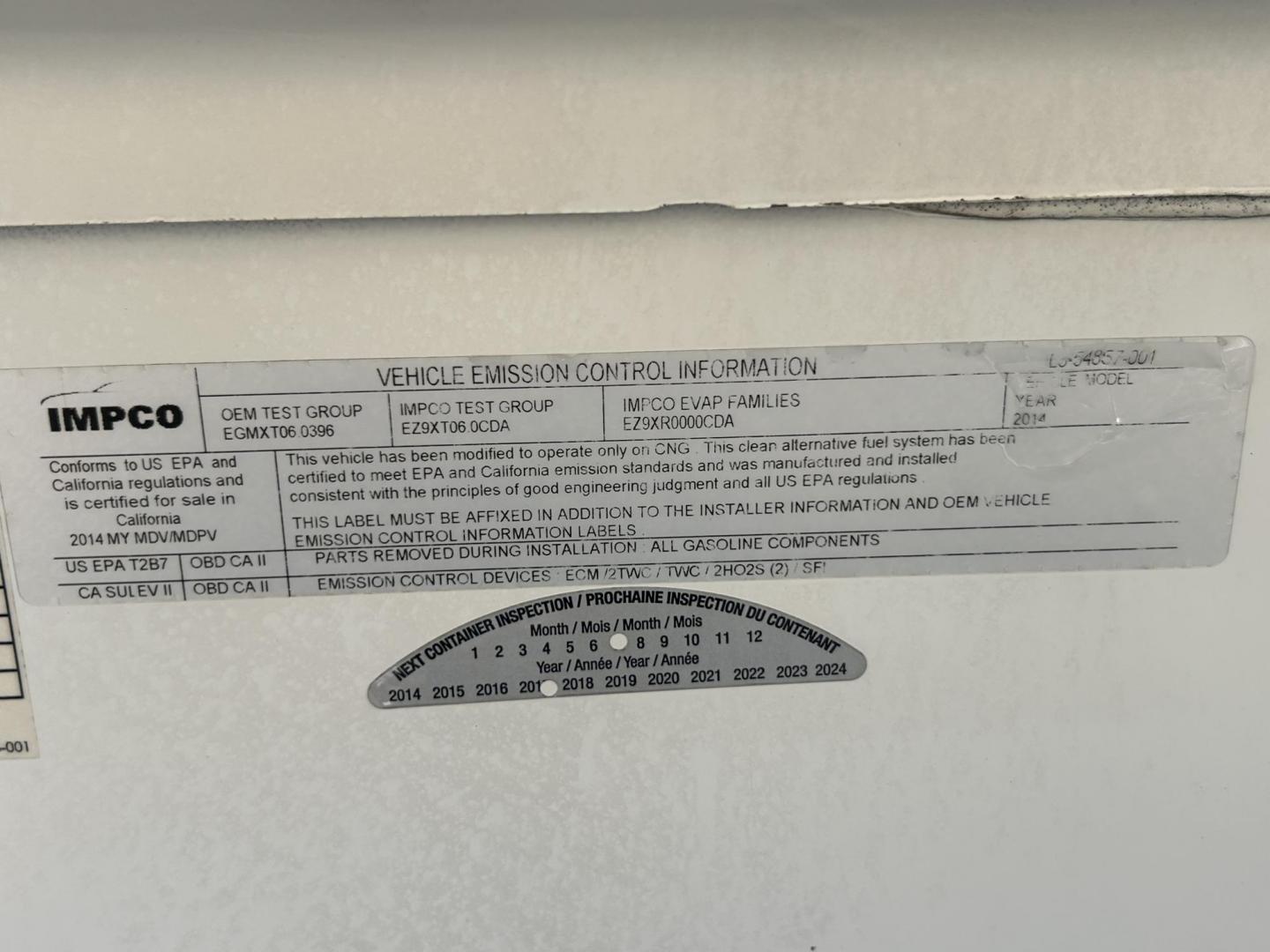 2014 White /Gray Chevrolet Express 2500 Cargo (1GCWGFCB8E1) with an 6.0L V8 OHV 16V CNG engine, 6A transmission, located at 17760 Hwy 62, Morris, OK, 74445, (918) 733-4887, 35.609104, -95.877060 - 2014 CHEVROLET EXPRESS CARGO VAN IS A DEDICATED CNG ONLY RUNS ON COMPRESSED NATURAL GAS. IT FEATURES A 6.0L V8, RWD, POWER LOCKS, POWER WINDOWS, MANUAL MIRRORS, MANUAL SEATS, AM/FM STEREO, LEATHER SEATS, TRACTION CONTROL, SPLIT SWING-OUT RIGHT DOORS, AND TOW PACKAGE. EQUIPPED WITH A CNG FUEL SYSTE - Photo#19